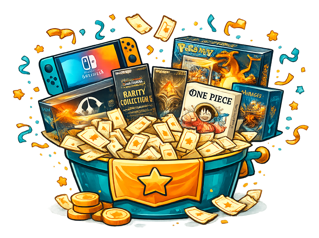 Abbildung der verlosten Preise: Nintendo Switch 2, Yu-Gi-Oh! Rarity Collection 5 Display, Super-Premium-Kollektion Glurak-ex, Magic The Gathering Avatar Collector Box, One Piece OP14 Display